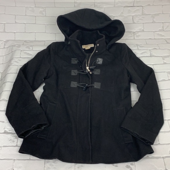 Michael Kors Wool Pea Coat Jacket Black Hooded Size 8 Pockets Snap buttons - Picture 15 of 16